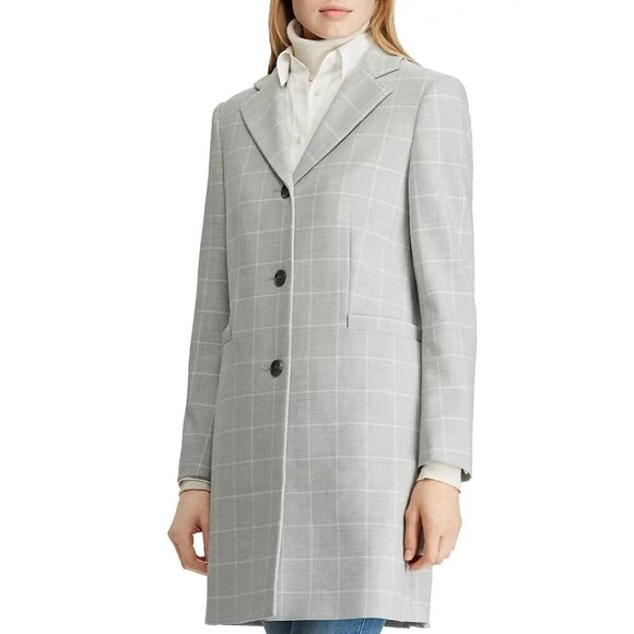 NWT Lauren Ralph Lauren Women's Gray Plaid Gingham Crepe Reefer Coat - Size S - Picture 1 of 10